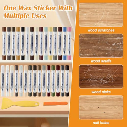 Windspeed 30+2P Wood Filler Stick 30 Color Wood Filler Putty Wax Crayons Furniture Repair Kit Putty Stick for Baseboard Cabinets Furniture Floors(with 2 Scrapers)