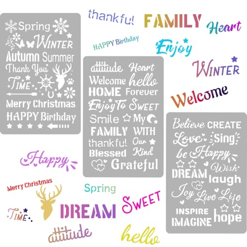 3Pcs 3 Styles Word Stencil Templates Motivational Quote Stencils 12 x 8 Inch Inspirational Words Pattern Rectangle PET Plastic Hollow Out Drawing Template for Wood Wall Glass DIY Crafts - color: Word