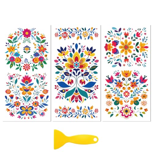 Peacoblue Mexican Folk Flowers Rub On Transfers for Furniture Craft 6"x12" - style: Mexican Folk Art Flowers