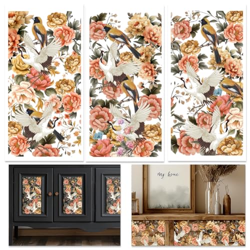 INFUNLY 3 Sheets Peony Crane Transfer Stickers 5.9"×11.8" Birds Floral Furniture Transfers Stickers Birds Rub on Transfers Sticker Vintage Flower Transfer Sticker for Wood Glass Scrapbook DIY Paper - style: Cranes and Flowers