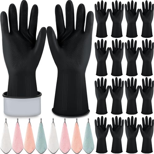 Hushee 24 Pcs Rubber Cleaning Gloves for Dishwashing Reusable Kitchen Household Gloves Bulk with Microfiber Cleaning Rags