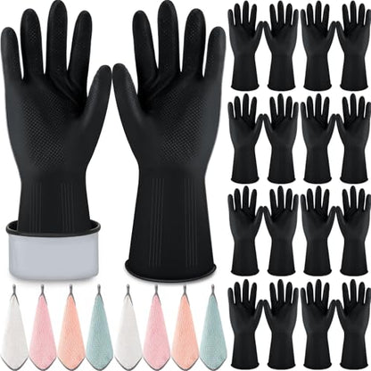 Hushee 24 Pcs Rubber Cleaning Gloves for Dishwashing Reusable Kitchen Household Gloves Bulk with Microfiber Cleaning Rags
