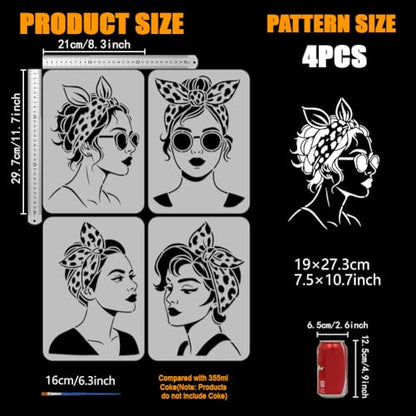 FINGERINSPIRE 4PCS Women Stencils 8.3x11.7inch with a Brush Bow Head Scarves Lady Stencils A4 Size Reusable Drawing Templates for Wall Wood Fabric Furniture Decor Art Painting - style: Women