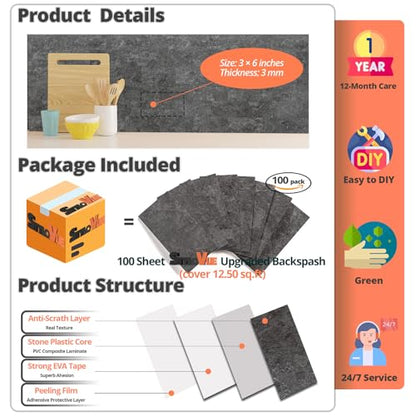 StyloVue 100 Pieces Peel and Stick Backsplash for Kitchen, 3" x 6" PVC Subway Tile 2026 Upgraded Gray Concrete Stone Backsplash Stick on Tile Elevate Kitchen Fireplace RV - color: Gray Concrete Stone