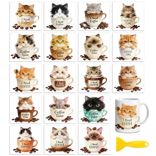 Peacoblue 18 Sheets Rub on Transfers for Crafts, Cat with Coffee Cup 3.6"x3.9" UV DTF Cup Wraps Waterproof Cold Transfers Stickers for Wood Glass Metal Cup Tumblers Mirrors Mugs Home Decor - style: Cat with Coffee Cup