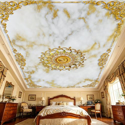 Luxury White Gold Marble Ceiling Medallion Peel and Stick Wallpaper - color: No.10, size: 135" x 96"