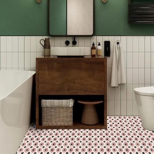 HOMETITUTE Pink Geometric Circle 12x12 Inch Peel Stick Vinyl Floor Tile - style: Pink Geometric Circle