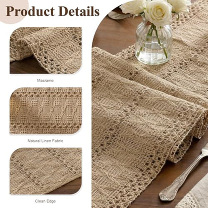 Burlap Boho Table Runner Macrame Brown 72in Farmhouse Woven Runner - color: Brown, size: 12'' x 72''