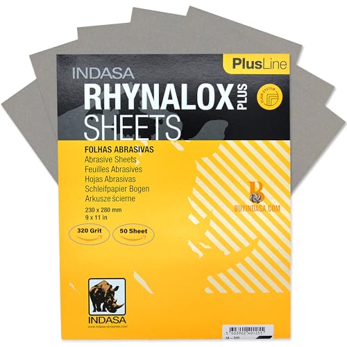 Indasa 50 PCS 9x11 Sandpaper Rhynalox Plusline - 320 Grit Dry Sanding Sheets, Professional-Grade Abrasive for Wood, Metal, Automotive, and Paint Finishing - Durable, Clog-Resistant Sand Paper - size: 320 GRIT 9x11" Rhynalox