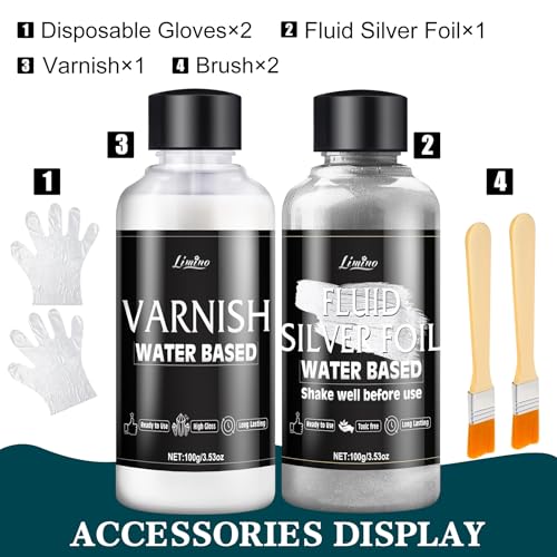 Metallic Silver Paint - 3.5oz Water Based Silver Leaf Paint and 3.5oz Varnish, Ultra Shining Gilding Metallic Acrylic for Painting, Art Craft , Home Decor, Ideal for Canvas, Wood, Metal, Plaster, Stone
