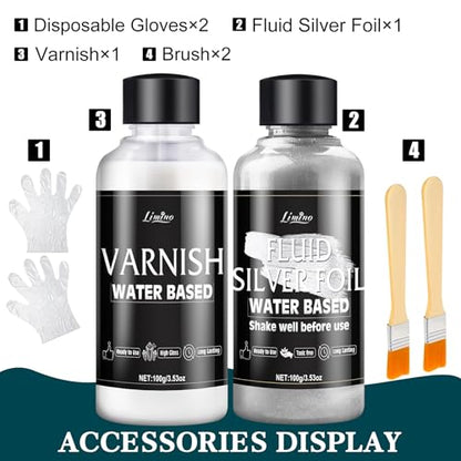 Metallic Silver Paint - 3.5oz Water Based Silver Leaf Paint and 3.5oz Varnish, Ultra Shining Gilding Metallic Acrylic for Painting, Art Craft , Home Decor, Ideal for Canvas, Wood, Metal, Plaster, Stone