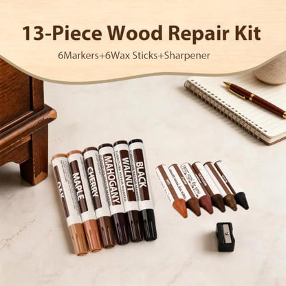 Furniture Touch Up Markers Set of 13, Wooden Furniture Floor Scratch Repair Kit- Markers and Wax Sticks with Sharpener for Fixing Stains and Scratches on Wood Floors,Tables,Desks