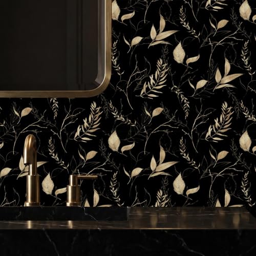 Dark Black and Gold Leaf Peel and Stick Wallpaper 17.7" x 70.8" - color: Black&Gold, size: 17.7" x 70.8"