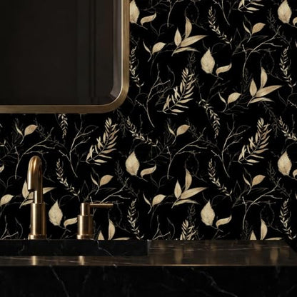 Dark Black and Gold Leaf Peel and Stick Wallpaper 17.7" x 70.8" - color: Black&Gold, size: 17.7" x 70.8"