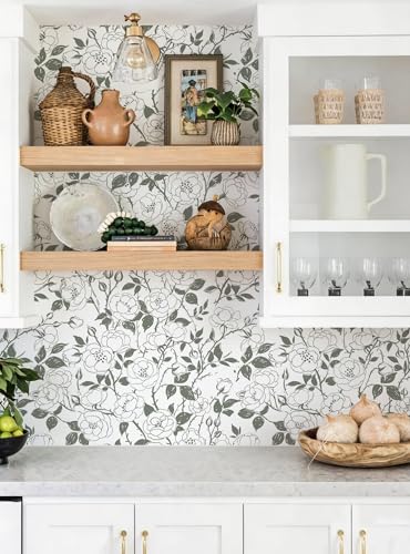 16.9in x118in Rose Floral Peel and Stick Wallpaper Gray Green Wallpaper - color: Gray Green Rose