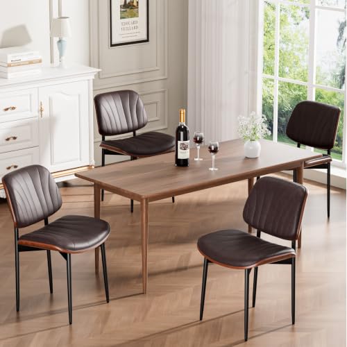 REONEY Dining Chairs Set of 4, Mid-Century Modern Kitchen Chairs, Brown - color: Dark Brown Shell Strips