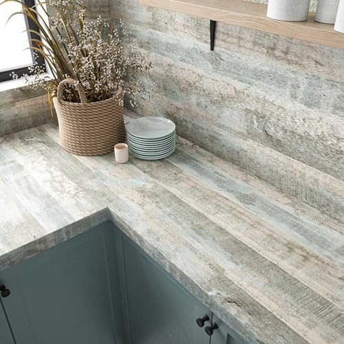VEELIKE Large Size Light Blue Weathered Wood Plank Wallpaper Peel and Stick Rustic Wood Contact Paper for Countertops Walls Floors 32''x118'' Waterproof Removable Wood Wallpaper Vinyl for Furniture - size: 32" x 118"
