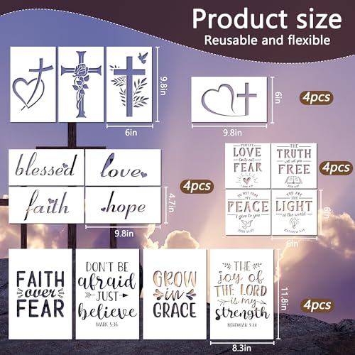 Keluna Christian Stencils for Painting -16 Pcs Religious Bible Verse Stencils for Painting on Wall, Reusable Template for Crafts - style: christian