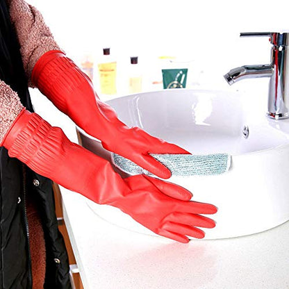 Latex Cleaning Gloves for Kitchen Dishwashing & Cleaning Cloth | Waterproof & Reusable, 2 Pair Pack (4 Red Gloves)