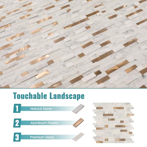 Nicesungdeco 3D Natural Real Stone Peel and Stick Mosaic Backsplash Tiles, 12" x 12" 5-Sheet Backsplash Self Adhesive Tiles for Kitchen Fireplace Vanity (White Gold) - color: WHITE GOLD