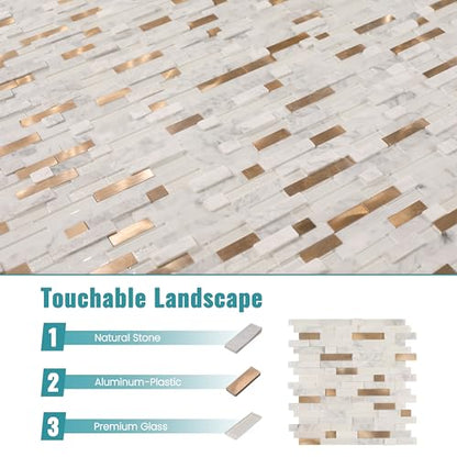 Nicesungdeco 3D Natural Real Stone Peel and Stick Mosaic Backsplash Tiles, 12" x 12" 5-Sheet Backsplash Self Adhesive Tiles for Kitchen Fireplace Vanity (White Gold) - color: WHITE GOLD