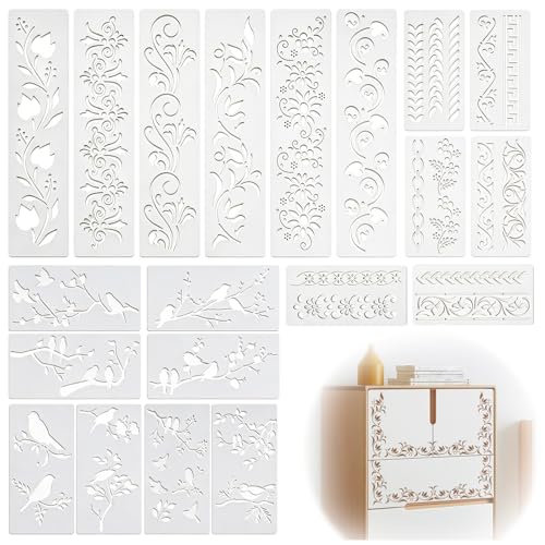 20-Piece Reusable Stencils for Painting – Elegant Lace & Bird Designs, Large Wall & Wood Stencils for DIY Crafts, Canvas, Furniture & Home Decor