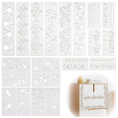 20-Piece Reusable Stencils for Painting – Elegant Lace & Bird Designs, Large Wall & Wood Stencils for DIY Crafts, Canvas, Furniture & Home Decor