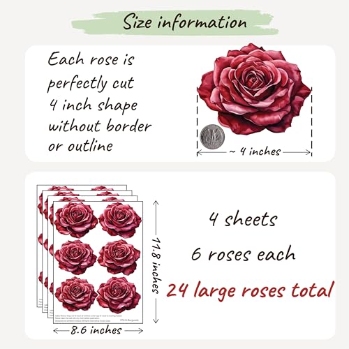 Watercolor Roses Wall Decals, 24 Large Easy Peel & Stick Roses Stickers, Premium Removable and Repositionable Floral Wall Art Fabric Stickers (Burgundy) - color: Burgundy