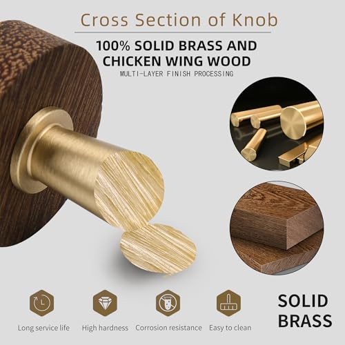 SALISENG- Wooden Brass Cabinet Drawer Knobs 5 Pack, 1.1 Inch Dresser Drawer Vanity Pulls, Modern Furniture Door Hardware Pulls for Cupboard Closet Wardrobe