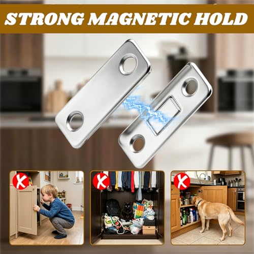 12 Pack Magnetic Cabinet Door Catches with Adhesive and Screw Option, Stainless Steel Drawer Magnets for Kitchen, Bathroom & RV, (8 Short and 4 Long)