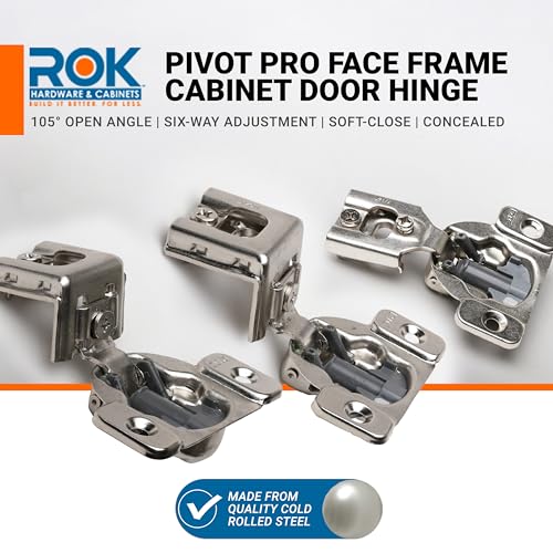 25 Pack Rok Hardware 105-Degree Opening Angle 7/16" (11mm) Overlay Screw-On 2-Cam, 6 Way Adjustable Soft-Close Face Frame Cabinet Hinges, Nickel Plated Finish - H8Q045H