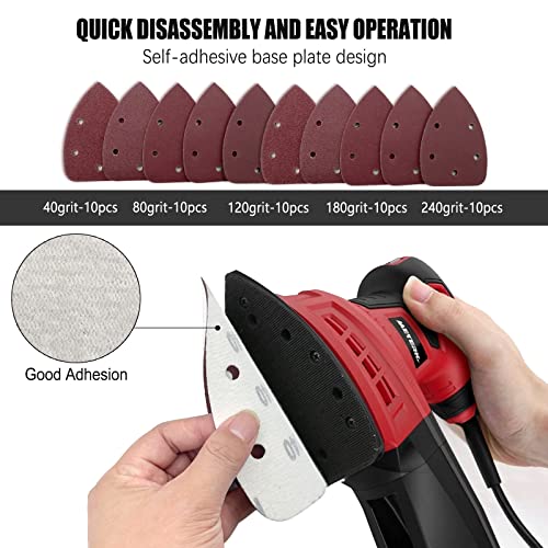 Detail Sander Sandpaper, Assorted 40/80/120/180/240 Grits Mouse Sanding Pads 5 Holes Hook and Loop Sanding Sheets for 140mm Mouse Palm Detail Sanders, 50pcs - size: Mixed Grits