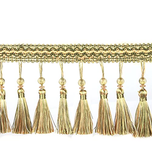 6.5 Yard Beads Tassel Handmade Fringe Trim Ribbon Trimming, 11Cm/4.3Inch Diameter Hand Knitting Tassel Fringing Trimmings for Decor, DIY - color: mix green