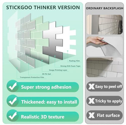STICKGOO Subway Tile Peel and Stick Backsplash, Thicker Design 12" x 12" Stick on Backsplash Tiles for Kitchen, Bathroom, Wall Tile (10 Sheets, Light Green) - color: Light Green