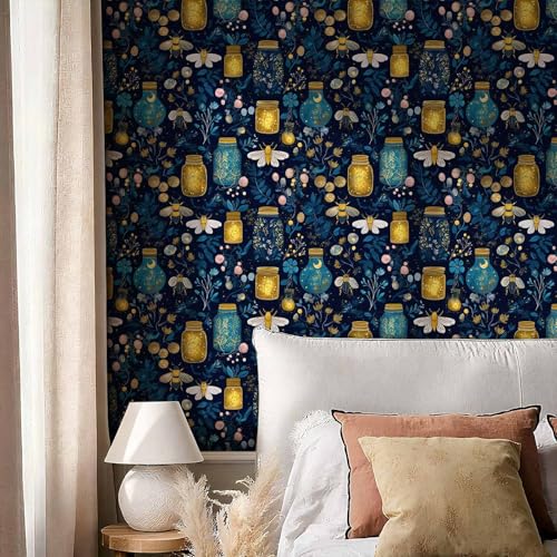 Enchanted Firefly Jar Peel and Stick Wallpaper, Night Botanical Wallpaper - color: ML-M036, size: 17.7" x 236"