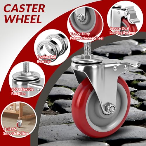 Caster Wheels,5 Inch Locking Swivel Caster for Furniture with Threaded Stem - size: 5"4pack