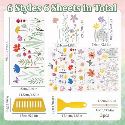 WANDIC 6 Sheets Rub On Transfer Stickers, Wild Flower Pattern Waterproof Decals Furniture Craft Embellishments for DIY Scrapbooking Photo Albums,15 * 30cm - color: Wild Flower