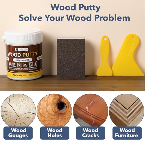 Bates- Wood Filler Putty Repair Kit, 32 Ounce, 2 Scrapers, 1 Sanding Block, 1 Pair of Gloves, Walnut Wood Putty Filler Paintable & Stainable for Cracks, Holes and Defects in Wooden Furniture