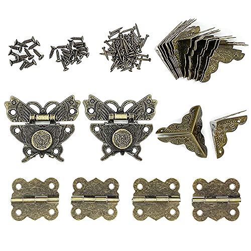 2 Sets Antique Hasp Latch Lock Hinges Corner Protector Hardware Kit