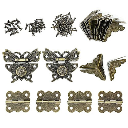 2 Sets Antique Hasp Latch Lock Hinges Corner Protector Hardware Kit