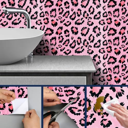 HOMETITUTE Pink Leopard Peel and Stick Wallpaper 118.1x17.7 Inch Vinyl - color: Pink Leopard