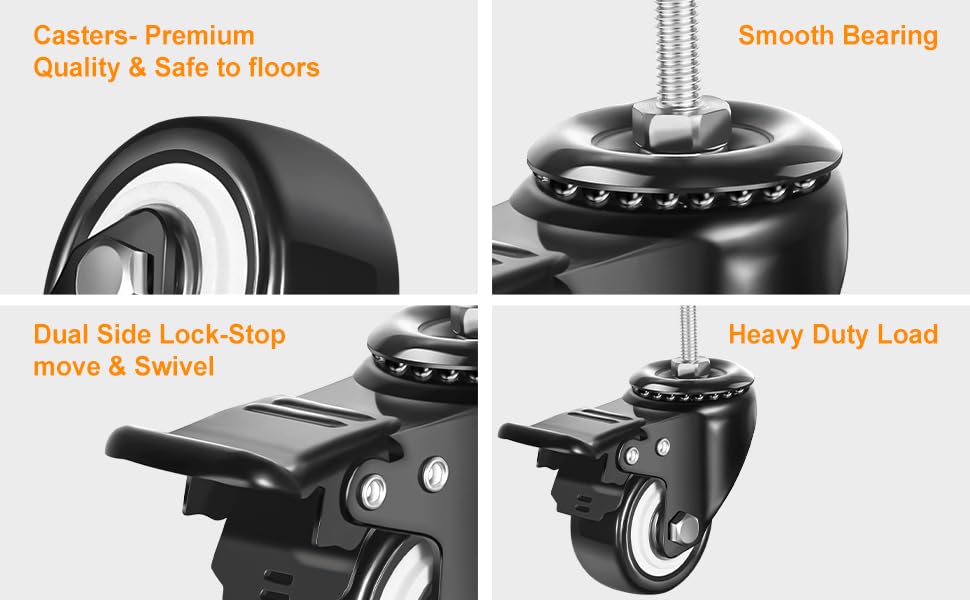 DICASAL 2" Swivel Stem Wheels, 1/4"-20x1 Imperial Threaded Stem Caster Mute No Noise Premium PU Material Wheels with Brake for Furniture and Industry Set of 4 - style: 2 Inch stem casters with imperial 1/4-20 thread