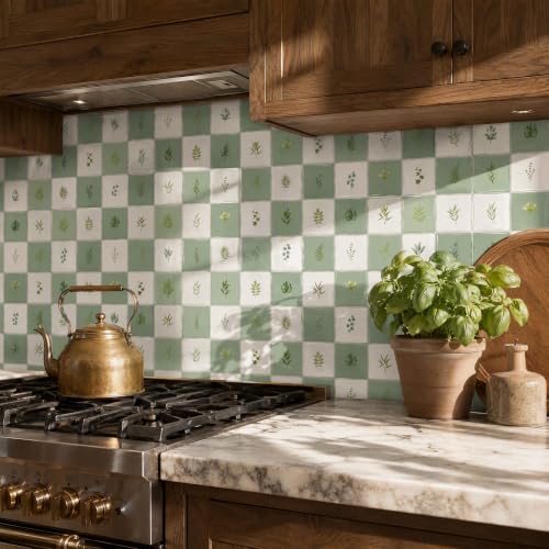 4 Pack Botanical Green Checkerboard Peel & Stick Wall Tiles 6"x6" - color: Botanical Green, size: 4 Pcs 6" x 6" x 0.05"