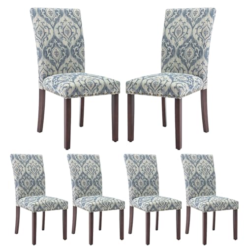 COLAMY Upholstered Parsons Dining Chairs Set of 6, Fabric Dining Room Kitchen Side Chair with Nailhead Trim and Wood Legs - Blue/White Flower - color: Blue/White Flower, size: Set of 6