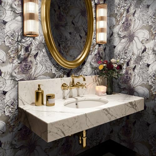 NextWall Harry & Grace Ink Rose Abstract Floral Peel and Stick Wallpaper (Metallic Silver & Plum) - color: Metallic Silver & Plum