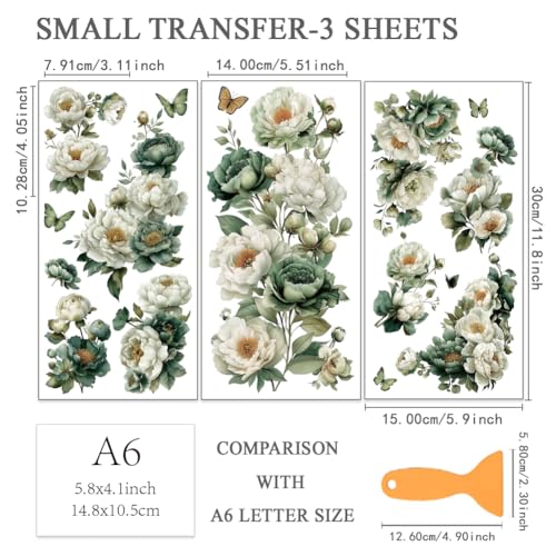 OLYCRAFT 3Pcs/set Retro Flowers Rub on Transfers for Furniture and Crafts 6x12 Inch Green Flowers Furniture Decals Decor Butterfly Transfer Sticker with 1pc Scraper for Scrapbook Window DIY Home Decor - style: Green Flower