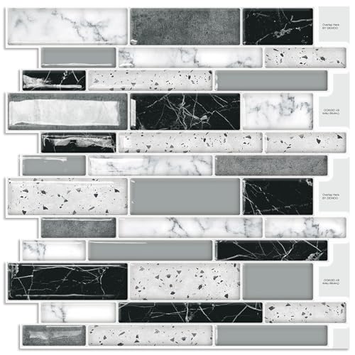 DEWOO Peel and Stick Kitchen Backsplash Tile 3D Self Adhesive Wall 10 Sheet - color: Black