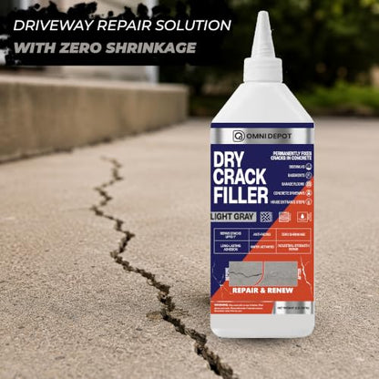 Dry Crack Filler - 2 Lbs - Light Gray - Concrete Patio Repair - Basement Floor Crack Sealer - Garage Floor Patch - Concrete Repair for Driveways and More - Available with Omni Depot Gloves