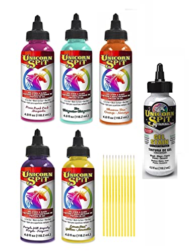 Unicorn SPiT Gel Stain & Glaze ICY Tropics Collection: 4 oz Bundle with Sparkling Iced Egret and Trebbies Detail Sticks (Pixie Punk Pink, Zia, Pheonix Fire, Purple Hill Majesty, Lemon Kiss) - color: ICY TROPICS COLLECTION