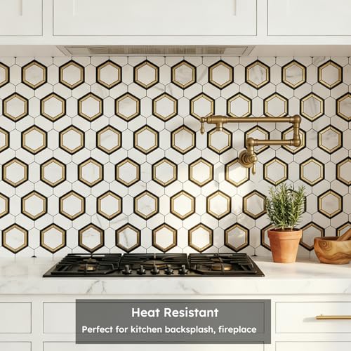 Diflart 10-Pack Peel and Stick Black White Gold Hexagon Backsplash Tile - color: White Marble + Gold + Black Metal Flower, size: 10 Sheets